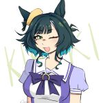  1girl animal_ears breasts deily gloves green_eyes green_hair hat highres horse_ears horse_girl horse_tail kiseki_(miracle_author)_(umamusume) kiseki_(umamusume) large_breasts medium_hair open_mouth pen school_uniform shorts simple_background solo tagme tail thighs tracen_school_uniform umamusume white_background 