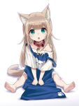  1girl 40hara :o animal_collar animal_ear_fluff animal_ears apron aqua_eyes bangs barefoot blonde_hair blue_apron blunt_bangs cat_ears cat_girl cat_tail clothes_writing collar commentary_request extra_ears eyebrows_visible_through_hair feet full_body highres kinako_(40hara) long_hair looking_at_viewer off_shoulder open_mouth original oversized_clothes oversized_shirt red_collar shirt simple_background sitting soles solo strap_slip t-shirt tail toes v_arms white_background white_shirt 