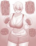 1girl abs boxing_gloves boxing_shorts breasts collarbone commission ekz_(robotekz) english_text eyebrows_visible_through_hair eyepatch highres large_breasts scar scar_on_arm scar_on_cheek scar_on_face shorts 