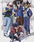  4boys ash_ketchum bakuten_shoot_beyblade baseball_cap beyblade black_hair black_shirt blonde_hair blue-eyes_ultimate_dragon blue_gloves blue_hair blue_pants blue_shirt brown_hair brown_shorts charizard closed_eyes commentary crossover denim digimon digimon_(creature) digimon_adventure digivice english_commentary fingerless_gloves gloves goggles group_picture hat highres jacket jewelry kinomiya_takao male_focus millennium_puzzle monochrome_background multiple_boys muto_yugi pants pendant pokemon pokemon_(anime) pokemon_(classic_anime) pokemon_(creature) purple_eyes purple_hair red_hat red_jacket retrogalit shirt shorts spiked_hair squatting standing walking wargreymon yagami_taichi yu-gi-oh! yu-gi-oh!_duel_monsters 