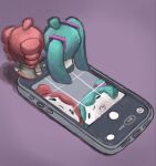  2girls aqua_hair cellphone chibi chibi_only drill_hair from_below frown hashtag-only_commentary hatsune_miku highres kasane_teto kasane_teto_(sv) long_hair mini_person multiple_girls phone piieennnn purple_background red_hair selfie simple_background smartphone smile solid_oval_eyes standing_on_object synthesizer_v twin_drills twintails very_long_hair viewfinder vocaloid 