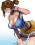  1girl armpits bangs bare_shoulders belt black_belt blush breasts brown_hair cleavage closed_mouth crop_top eyebrows_visible_through_hair garter_straps glasses hand_in_hair hand_on_own_thigh highres kojima_(blue_stardust) large_breasts leaning_forward looking_to_the_side original pink_eyes ponytail shorts sidelocks smile strap_slip tank_top thick_eyebrows thigh_strap white_background wristband yellow_shorts 
