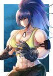  1girl abs absurdres armlet bangs black_gloves blue_eyes blue_hair dog_tags gloves highres kageru_(mofnyan) leona_heidern long_hair muscular muscular_female ponytail pouch solo tank_top the_king_of_fighters the_king_of_fighters_xiv the_king_of_fighters_xv yellow_tank_top 