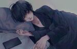  1boy 402_(o0_xxx) bed black_hair black_shirt cellphone closed_eyes crying facing_viewer hair_over_eyes highres indoors lying on_side original phone pillow shirt sleeping solo under_covers 