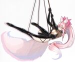  1girl animal_ear_fluff animal_ears black_bodysuit bodysuit breasts center_opening choker cleavage fang fate/grand_order fate_(series) fox_ears fox_girl fox_tail glasses grimlow hair_ribbon highres koyanskaya_(fate) large_breasts long_hair open_clothes open_mouth pink_hair pink_ribbon ponytail ribbon ribbon_choker side_ponytail simple_background solo tail tamamo_(fate) very_long_hair white-framed_eyewear white_background yellow_eyes zipper zipper_pull_tab 