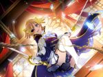  1girl ascot blurry blurry_foreground boots cape cosplay daiba_nana dual_wielding dutch_angle erik_(phantom_of_the_opera) erik_(phantom_of_the_opera)_(cosplay) eye_mask game_cg green_eyes half_eye_mask holding holding_sword holding_weapon kneeling long_sleeves looking_at_viewer mask official_art open_mouth orange_hair phantom_of_the_opera purple_cape rope short_hair shoujo_kageki_revue_starlight shoujo_kageki_revue_starlight_-re_live- skirt solo sword thigh_boots thigh_strap twintails weapon white_ascot white_boots white_skirt 