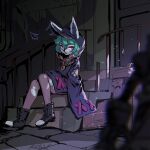  1girl animal_ears boots chain green_hair highres hood hoshinokaoru jewelry league_of_legends living_shadow lock long_sleeves necklace purple_eyes sitting stairs trash_can vex_(league_of_legends) yordle 