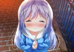  1girl :o absurdres bangs blue_hair blue_neckwear blue_ribbon blue_sweater blurry blurry_background blush chestnut_mouth chinomaron closed_mouth commentary_request depth_of_field eyebrows_visible_through_hair facing_viewer gochuumon_wa_usagi_desu_ka? hair_between_eyes hair_ornament hands_up highres hoto_cocoa&#039;s_school_uniform kafuu_chino long_hair long_sleeves neck_ribbon nose_blush own_hands_together parted_lips railing ribbon sailor_collar school_uniform serafuku solo sweater white_sailor_collar x_hair_ornament 