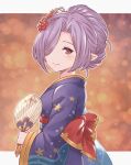  1girl blush_stickers granblue_fantasy hair_ornament hair_over_one_eye hand_fan harvin highres japanese_clothes kimono looking_at_viewer niyon_(granblue_fantasy) paper_fan pointy_ears ponytail purple_hair red_eyes smile solo umiboozu_(uminoyoukai) yukata 