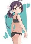  1girl :o ahoge ass asymmetrical_bangs bangs blush bra breasts fujinami_(kancolle) hair_ribbon highres junes kantai_collection long_hair orange_eyes panties parted_lips ponytail purple_hair ribbon side_ponytail simple_background small_breasts solo training_bra two-tone_background underwear 