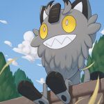  blurry cloud commentary_request day from_below galarian_meowth highres leaves_in_wind no_humans outdoors pokemon pokemon_(creature) ruinai sharp_teeth sitting sky solo teeth toes tree 