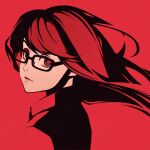  1girl bangs eyelashes glasses lips long_hair looking_back moshimoshibe persona persona_5 persona_5_the_royal portrait red_background red_eyes red_hair red_shirt red_theme shirt simple_background spoilers texture yoshizawa_kasumi 