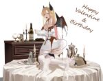  1girl absurdres black_horns blonde_hair bottle breasts chocolate chocolate_on_body commentary_request cup demon_girl demon_horns demon_tail demon_wings dress_shirt drinking_glass english_text food_on_body full_body garter_straps gradient_hair hair_ribbon happy_birthday happy_valentine highres hololive horns kneeling large_breasts long_hair long_sleeves looking_at_viewer looking_back multicolored_hair no_pants no_shoes off_shoulder on_table pink_hair pointy_ears ribbon shirt single_sidelock sleeves_past_wrists solo table tail tanishi_(hetianming11093) thighhighs tress_ribbon virtual_youtuber white_shirt white_thighhighs wine_bottle wine_glass wings yuzuki_choco 