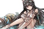  1girl animal_ears black_eyes black_hair breasts cleavage closed_mouth gloves goggles goggles_on_head granblue_fantasy hungry_clicker jessica_(granblue_fantasy) jewelry long_hair looking_at_viewer solo water white_background white_gloves 