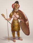  1girl abs absurdres armor barefoot breasts full_body gold_armor grey_background helmet highres holding holding_shield large_breasts navel nipples original pauldrons planted planted_polearm polearm shadow shield shin_guards shoulder_armor solo spear standing wass_nonnam weapon 