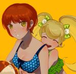  2girls :d ball bangs bare_shoulders bikini blonde_hair blush bow breasts cat_hair_ornament cleavage closed_eyes collarbone danganronpa_(series) danganronpa_2:_goodbye_despair freckles green_bow grin hair_bow hair_ornament holding holding_ball hug hug_from_behind kapi_sara koizumi_mahiru long_hair medium_breasts multiple_girls open_mouth orange_background polka_dot polka_dot_bikini red_hair saionji_hiyoko short_hair smile swimsuit teeth upper_teeth 