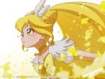  1girl blonde_hair blush bow brooch choker collarbone commentary_request cure_peace earrings ginkgo_leaf hair_ornament high_ponytail highres jewelry kise_yayoi leaf long_hair looking_ahead mayena parted_lips ponytail precure puffy_sleeves signature simple_background smile_precure! solo upper_body white_background wide_ponytail yellow_bow yellow_choker yellow_eyes yellow_theme 
