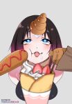  1girl ahegao blue_eyes cheek_press corn_dog elma_(maidragon) eyebrows_visible_through_hair food gradient_hair heart heart-shaped_pupils highres kobayashi-san_chi_no_maidragon looking_at_viewer multicolored_hair open_mouth saliva solo sweets symbol-shaped_pupils tofuubear 