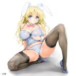  1girl animal_ears bangs black_legwear blonde_hair blue_eyes blue_footwear blush bow bowtie breasts chie_(ishikei) cleavage copyright detached_collar eyebrows_visible_through_hair fake_animal_ears folded_leg full_body garter_straps high_heels ishikei knee_up large_breasts long_hair looking_at_viewer original photoshop_(medium) pumps rabbit_ears shiny shiny_clothes simple_background sitting solo spaghetti_strap thighhighs white_background wrist_cuffs 