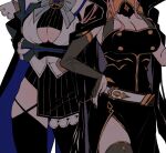  2girls arms_under_breasts belt black_cloak black_dress black_legwear black_nails blue_cape bow breast_hold breasts cape center_opening cleavage cleavage_cutout cloak clothing_cutout cowboy_shot crop_top detached_sleeves dress grey_bow hand_on_hip head_out_of_frame hololive hololive_english large_breasts mamaloni miniskirt mori_calliope multiple_girls nail_polish ouro_kronii pink_hair see-through_sleeves shirt side_slit simple_background skindentation skirt standing striped striped_skirt thighhighs underboob vertical-striped_skirt vertical_stripes virtual_youtuber white_background white_belt white_shirt zipper 