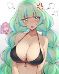  2girls aikatsu!_(series) aikatsu_planet! anger_vein ann_(aikatsu!) bangs bare_shoulders bikini black_bikini blue_hair blunt_bangs braid breasts cleavage collarbone eyebrows_visible_through_hair green_eyes green_hair large_breasts long_hair looking_at_viewer mukuba multicolored_hair multiple_girls open_mouth q-pit streaked_hair swimsuit teeth twin_braids upper_body upper_teeth very_long_hair 