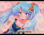  1990s_(style) 1girl absurdres artist_name bare_shoulders blue_eyes blue_hair bubble bubble_background dress english_text highres kuracchii league_of_legends letterboxed looking_at_viewer musical_note off-shoulder_dress off_shoulder pink_background retro_artstyle sona_(league_of_legends) 