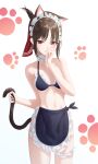  1girl absurdres animal_ears apron bangs bare_arms bare_shoulders bikini breasts brown_hair cat_ears cat_tail collarbone commentary_request cosplay covering_mouth cowboy_shot eyebrows_visible_through_hair frilled_apron frills hand_up highres holding_tail kaguya-sama_wa_kokurasetai_~tensai-tachi_no_renai_zunousen~ looking_at_viewer maid maid_bikini maid_headdress navel paw_print red_eyes shinomiya_kaguya short_hair solo standing swimsuit tada_(pixiv41160771) tail white_background 