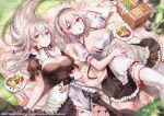  2girls :o apron azur_lane basket black_dress black_skirt blush bracelet braid breasts brown_eyes cake cake_slice cleavage cleavage_cutout closed_mouth clothing_cutout dress feet_out_of_frame fishnet_legwear fishnets food fork frilled_apron frilled_skirt frilled_sleeves frills fruit grapes grass hairband hand_on_own_stomach hermione_(azur_lane) highres jewelry knife large_breasts lemon lemon_slice long_hair looking_at_viewer lying maid maid_headdress multiple_girls official_art on_back open_mouth picnic picnic_basket plate puffy_short_sleeves puffy_sleeves rangu red_eyes red_ribbon ribbon salad sandwich short_hair short_sleeves silver_hair sirius_(azur_lane) skirt smile thighhighs twin_braids underbust very_long_hair waist_apron white_apron white_hairband white_legwear zettai_ryouiki 