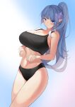  1girl absurdres bangs bare_shoulders black_bra black_panties blue_eyes blue_hair blunt_bangs blush bra breasts cleavage closed_mouth collarbone cowboy_shot curvy dutch_angle eyebrows_visible_through_hair gradient gradient_background highres large_breasts light_frown long_hair looking_at_viewer manu_(pixiv41646715) navel original palms panties pointy_ears ponytail simple_background solo sports_bra sweat thighs tsurime underwear very_long_hair 