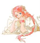 1boy animal_ears blue_eyes braid classicaloid goat_ears highres horizontal_pupils horns kemonomimi_mode long_hair looking_at_viewer lying male_focus octahooves on_stomach robe simple_background solo very_long_hair white_background white_robe wolfgang_amadeus_mozart_(classicaloid) wristband 