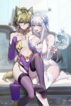  1boy 1girl ;d absurdres ahoge animal_ear_fluff animal_ears areola_slip arknights bandeau bare_shoulders bibeak_(arknights) black_hair black_panties blonde_hair blue_bandeau blue_flower blue_nails breast_curtain breast_press breasts china_dress chinese_clothes cleavage_cutout clothing_cutout commentary_request detached_sleeves dress earrings eyeshadow figurino_(arknights) flower flower_earrings garter_belt gem gins_hanee gradient_hair green_eyes grey_hair hair_between_eyes hair_flower hair_ornament hand_fan hand_on_another's_waist highres holding holding_fan jewelry large_breasts leg_up looking_at_viewer makeup multicolored_hair navel_cutout no_shoes one_eye_closed panties pelvic_curtain ponytail purple_eyeshadow purple_nails purple_sleeves purple_thighhighs red_gem revealing_clothes sitting smile tail thighhighs trap underwear white_dress white_hair white_thighhighs wolf_boy wolf_ears wolf_tail 