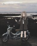  1girl absurdres black_boots black_neckerchief black_sailor_collar black_skirt blonde_hair boots brown_coat brown_eyes closed_mouth cloud cloudy_sky coat colored_eyelashes commentary flipped_hair full_body gakuen_idolmaster grey_sky hair_ornament hairclip hand_in_pocket hatsuboshi_gakuen_school_uniform highres honda honda_super_cub horizon idolmaster long_hair long_sleeves looking_at_viewer motor_vehicle motorcycle neckerchief ocean open_clothes open_coat parallel_hairclips pleated_skirt road sailor_collar school_uniform serafuku shinosawa_hiro shirt shore skirt sky smile solo split_mouth standing swept_bangs timesoe v white_shirt 