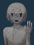  1boy :d absurdres avogado6 black_eyes blue_background commentary completely_nude cracked_skin hand_up highres looking_at_viewer nude open_mouth original simple_background smile solo statue tape upper_body 