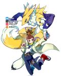  2girls black_sclera blue_eyes blue_pants bluesky_username boots broken_heart_print brown_hair coat colored_sclera commentary d-ark denim digimon digimon_(creature) english_commentary high_ponytail highres holding kitsune makino_ruki multiple_girls open_clothes open_coat pants ponytail print_shirt red_boots renamon shirt twitter_username white_shirt youzaiyouzai112 