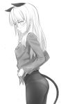  1girl absurdres animal_ears blush breast_press cat_ears cat_tail commentary content_rating cowboy_shot fankupl from_side glasses greyscale highres long_hair long_sleeves monochrome open_mouth panties panties_under_pantyhose pantyhose perrine_h._clostermann profile semi-rimless_eyewear solo strike_witches symbol-only_commentary tail under-rim_eyewear underwear wet white_background white_panties world_witches_series 