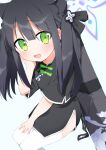  1girl absurdres animal_ear_fluff animal_ears bangs black_dress black_hair blue_archive blunt_bangs china_dress chinese_clothes dress from_above green_eyes hand_on_own_face hand_on_own_thigh highres long_hair looking_at_viewer looking_up mari_(rodoney-kiara) open_mouth short_sleeves shun_(blue_archive) sitting smile solo thighhighs tiger_ears tiger_girl twintails weapon_case white_legwear 