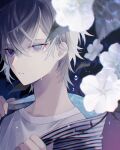  1boy blue_eyes flower grey_hair hair_between_eyes highres holding holding_clothes leaf liquid_clothes looking_at_viewer male_focus muon original shirt shirt_grab solo summer water water_drop white_flower white_shirt 