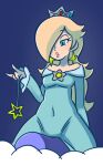  1girl aqua_dress bangs bare_shoulders blonde_hair blue_background blue_eyes brooch crown dress earrings hair_over_one_eye highres holding holding_wand jewelry long_hair long_sleeves mario_(series) minuspal rosalina sitting solo star_(symbol) star_earrings very_long_hair wand 