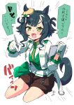  1girl animal_ears bob_(you-u-kai) breasts commentary_request gloves green_eyes green_hair hat highres horse_ears horse_girl horse_tail kiseki_(miracle_author)_(umamusume) kiseki_(umamusume) large_breasts medium_hair open_mouth pen shorts simple_background solo tagme tail thighs umamusume white_background 