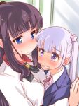  2girls against_wall asymmetrical_docking bangs blue_eyes blush breast_press commentary_request eyebrows_visible_through_hair galleon-joe long_hair multiple_girls new_game! purple_eyes purple_hair suzukaze_aoba takimoto_hifumi twintails very_long_hair yuri 