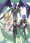  1boy 3girls armpits bare_shoulders beelstarmon beelzebumon breasts cleavage closed_mouth collarbone commentary covered_abs digimon digimon_(creature) digimon_story:_time_stranger full_body grin groin hair_between_eyes highres large_breasts looking_at_viewer multiple_girls navel parted_lips shadow shiny_hazel sidelocks signature smile standing stomach teeth underboob venusmon walking yuuki_kanan 