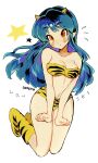  1girl animal_print aqua_hair artist_name bikini breasts clenched_hands collarbone commentary cone_horns full_body highres horns long_hair looking_at_viewer lum navel orange_eyes pointy_ears print_bikini print_boots sidelocks solo soreeyu_(sore-yu) star_(symbol) swimsuit tiger_print urusei_yatsura 