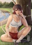  1girl 2others absurdres arm_on_knee armor au_ra avatar_(ffxiv) blurry blurry_background brown_hair clenched_hand commission final_fantasy final_fantasy_xiv grass hand_on_own_face heterochromia highres leaf lips meister_staze midriff multiple_others outdoors parted_lips pond resting shoes short_hair shorts signature sitting socks sports_bra sweat tail tree water 