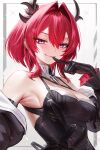 1girl absurdres arknights arknights:_endfield bare_shoulders black_gloves black_horns blush breasts closed_mouth detached_collar english_commentary gloves highres horns laevatain_(arknights) large_breasts long_sleeves looking_at_viewer mixed-language_commentary padoruu purple_eyes red_eyes smile solo surtr_(arknights) upper_body 