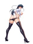  1girl absurdres ass bent_over black_hair blush boots breasts commentary_request eyebrows_visible_through_hair full_body green_eyes hair_between_eyes high_heel_boots high_heels highres igawa_asagi kagami_hirotaka large_breasts long_hair nipples official_art open_mouth panties pussy shirt short_shorts shorts simple_background solo standing sweat taimanin_(series) taimanin_asagi thigh_boots thighhighs tongue underwear undressing white_background 