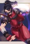  1girl absurdres arm_guards armor black_hair bodysuit brown_eyes closed_mouth commentary_request covered_nipples fingerless_gloves gloves glowing glowing_sword glowing_weapon hand_tattoo highres kagematsuri kodachi mask mouth_mask ninja ponytail red_bodysuit short_sword shoulder_armor skin_tight sleeveless sleeveless_bodysuit solo soulcalibur sword taki_(soulcalibur) tattoo weapon 