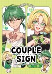  1boy 1girl alternate_costume black_shirt blonde_hair bow bowtie bracelet brown_hairband chibi chibi_inset closed_eyes closed_mouth commentary_request cover cover_page doujin_cover english_text ferio_(rayearth) four-finger_heart_hands glasses glowstick green_background green_bow green_bowtie green_eyes green_hair green_hairband green_jacket green_skirt grid_background hairband hand_fan hand_fan_writing heart heart_hands highres holding holding_fan holding_glowstick hououji_fuu jacket jewelry magic_knight_rayearth masami_(souzou_jinsei_sanka) necklace one_eye_closed open_mouth paper_fan pleated_skirt ponytail ring scar scar_on_cheek scar_on_face scar_on_nose shirt short_hair short_ponytail short_sleeves skirt smile thumbs_down thumbs_down_heart_hands typo uchiwa upper_body white_shirt yellow_eyes 