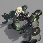  1girl belt black_dress black_legwear blonde_hair commentary dress expressionless eyebrows_visible_through_hair frog glowing highres jun_(seojh1029) long_hair looking_at_viewer mecha original riding science_fiction solo symbol-only_commentary thighhighs walker yellow_eyes 