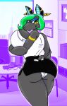 anthro big_breasts bottomwear breasts butt canid canine canis clothing curvy_figure cybernetics ebony female glades green_hair hair hi_res huge_breasts jackal legs_together machine mammal panties redmagejacob short skirt small_shirt tail underwear