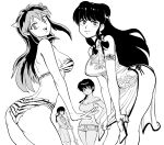  4girls absurdres animal_print apron ass bare_shoulders bb_(baalbuddy) bikini braid breasts broom china_dress chinese_clothes cleavage commentary cone_horns creator_connection dress english_commentary greyscale highres holding holding_broom horns long_hair looking_at_viewer lum maison_ikkoku monochrome multiple_girls otonashi_kyouko piyo_piyo_apron ponytail print_bikini ranma-chan ranma_1/2 shampoo_(ranma_1/2) short_shorts shorts side_slit sidelocks simple_background sleeveless sleeveless_dress swimsuit tiger_print urusei_yatsura 
